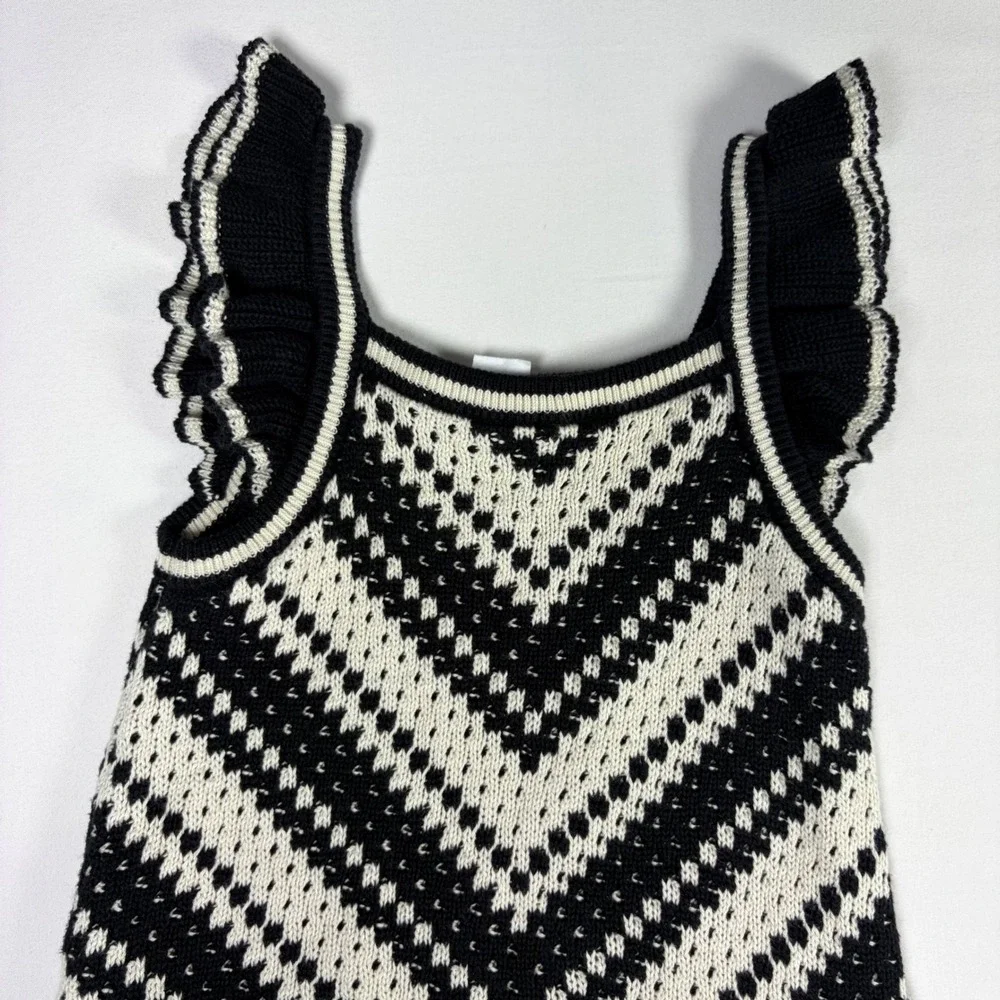 Gap Crochet Dress Chevron Knit Ruffle Sleeve Black White Minimalist Boho Girls 5